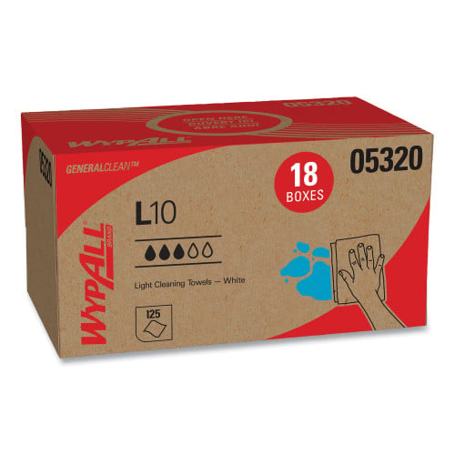 WypAll L10 Towels, POP-UP Box, 1-Ply, 9 x 10.5, White, 125/Box, 18 Boxes/Carton (05320)