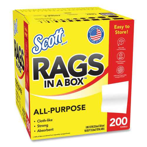 Scott Rags in a Box, POP-UP Box, 12 x 9, White, 200/Box, 8 Boxes/Carton (75260CT)