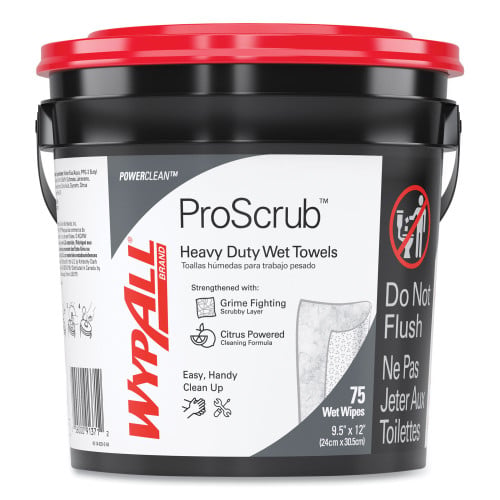 WypAll Power Clean ProScrub Pre-Saturated Wipes, 9.5 x 12, Citrus Scent, Green, 75/Bucket, 6 Buckets/Carton (91371CT)