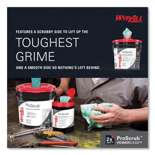 WypAll Power Clean ProScrub Pre-Saturated Wipes, 9.5 x 12, Citrus Scent, Green, 75/Bucket, 6 Buckets/Carton (91371CT)