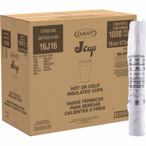Dart Foam Drink Cups, 16 oz, White, 25/Bag, 40 Bags/Carton (16J16)